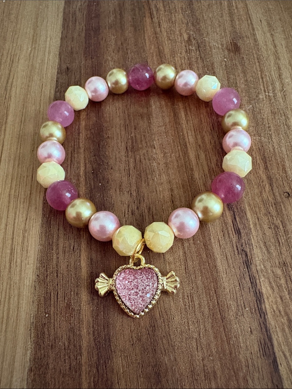 Handmade Gold & Pink Heart Charm Beaded Bracelet